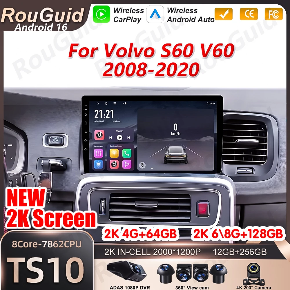 Radio para Auto con Android 16 y Carplay para Volvo S60 V60 2008 2009 2010 - 2020, Reproductor Multimedia 5G Wifi, BT, GPS, Estéreo, DSP, Unidad Principal