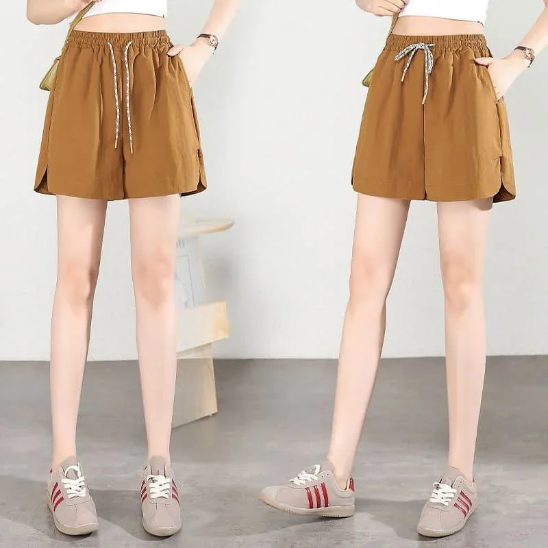 

Pop Solid Shorts Women Casual Loose Parachute A-line Wide Leg Shorts Safari Style Elastic Waist Hot Pants Streetwear Women Cloth