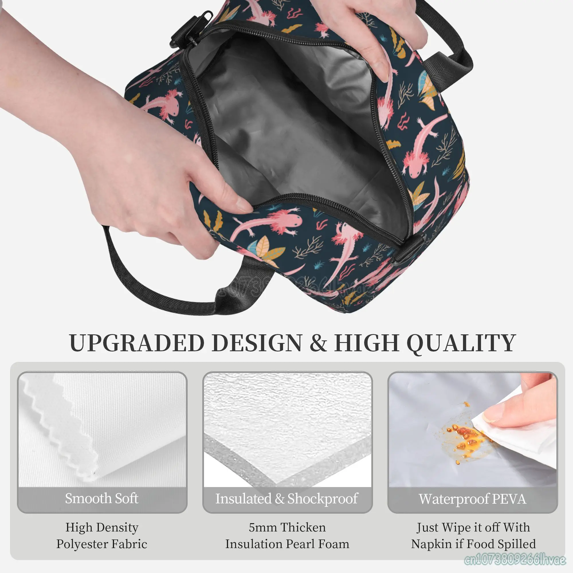 Axolotl Insulated Lunch Bag Reusable Cooler Lightweight Tote Bag for Men Women Thermal Lunch Box with Adjustable Shoulder Strap