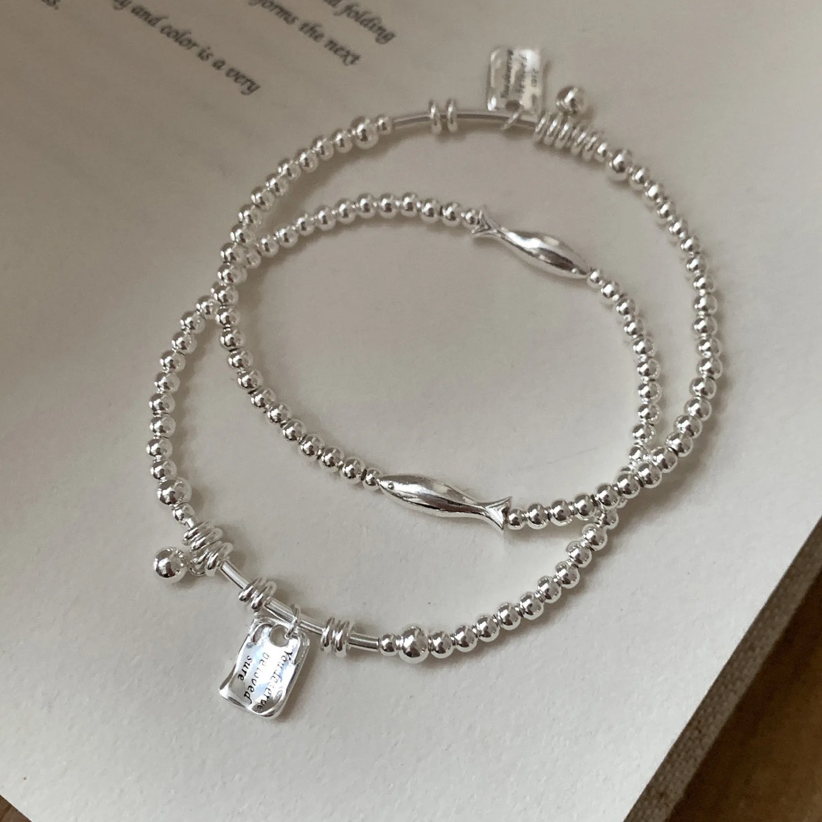 925 Silver Bracelet Elastic Strand Beads Fish Word Tag Good Wish Geometric For Women Men Fashion Jewelry Gift Dropship Wholesale