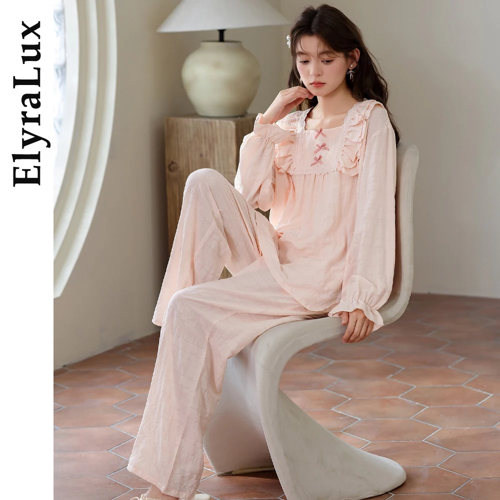 

ElyraLux женские осенние пижамы, комплект из двух предметов, женские новые пижамы в стиле принцессы, брюки с длинными рукавами и бантом, свободная повседневная домашняя одежда