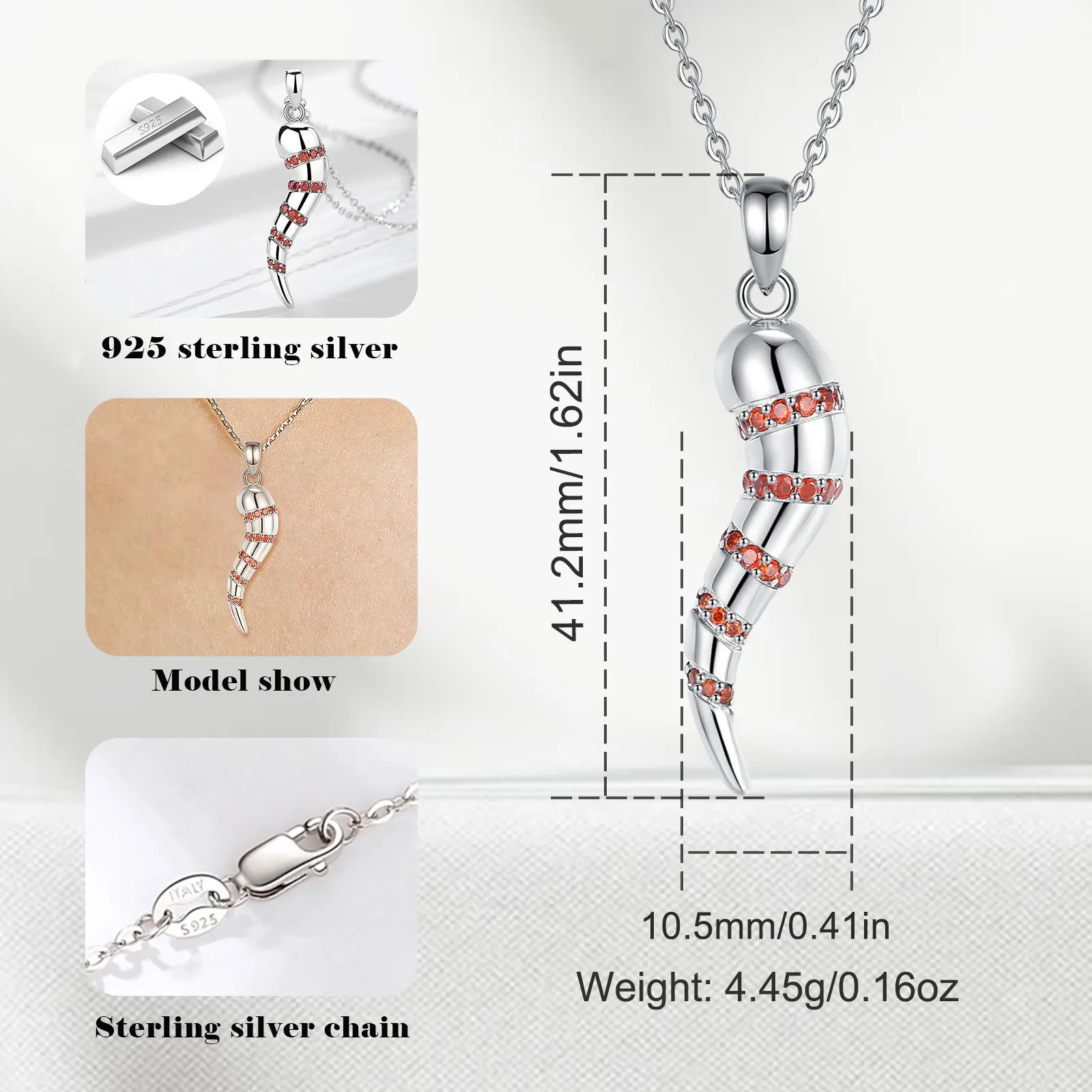 Eudora 925 Sterling Silver Italian Horn Necklace for Women Men Good Luck Charm Cornicello Amulet Pendant Zircon Jewelry Gift