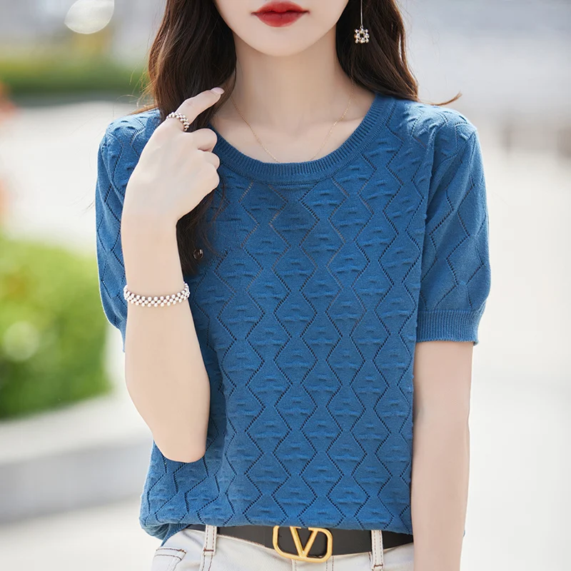 

Round Neck Cotton Short Sleeve Summer Hollow New Crocheted Half Sleeve Loose Knit T-shirt Bottoming Shirt