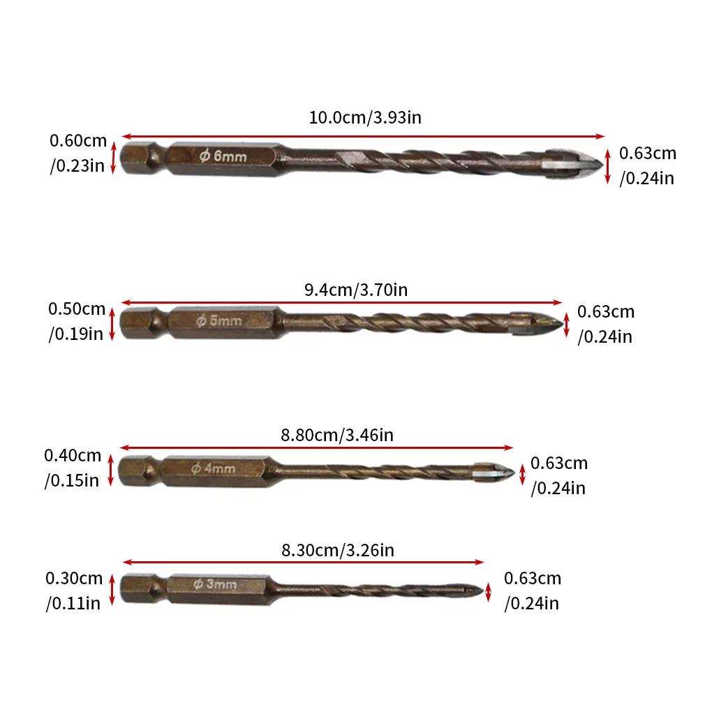 Сверла шестигранные для плитки и камня, набор для сверления отверстий из сплава и стекла для деревообработки, 3 мм, 4 мм, 5 мм, 6 мм