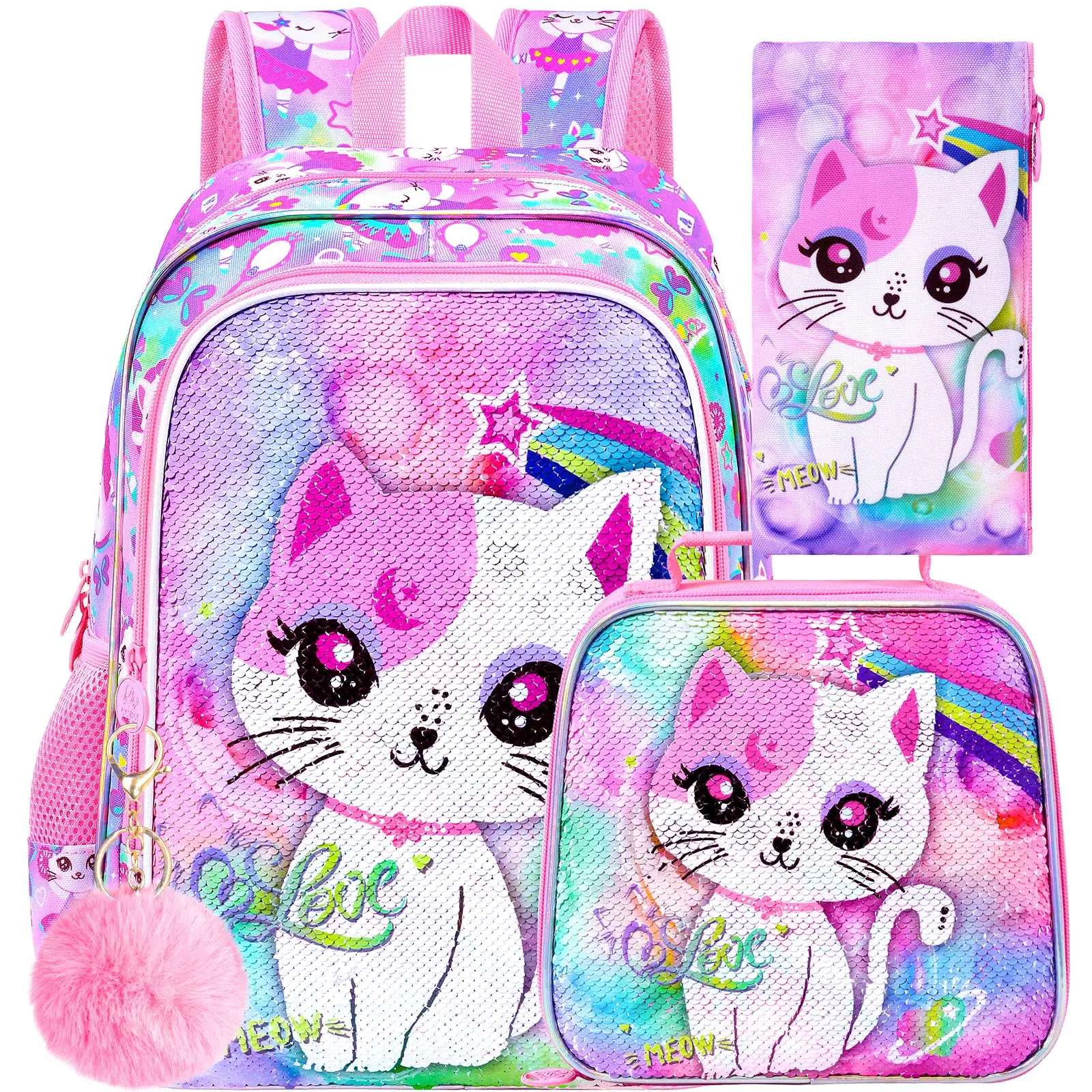 kid's-backpack-3pcs-16-inch-uv-print-sequin-pink-cat-girls-school-backpack-set-one-backpack-one-handbag-and-one-pencil-case