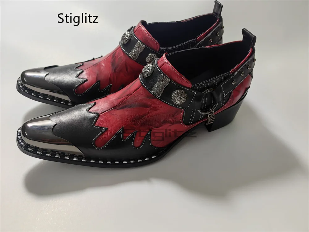Totem Cowboy Men's Dress Shoes Low Top High Heels Genuine Leather Buckle Strap Metal Toe Handmade Male Party Runway Shoes
