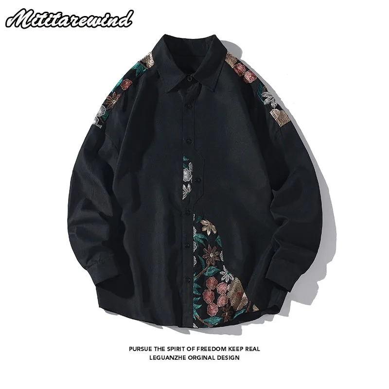 

2023 New Design Spring And Autumn Beige Oversize Lace Embroidery Men Shirts Turn-down Collar High Street Casual Y2k Streetwear