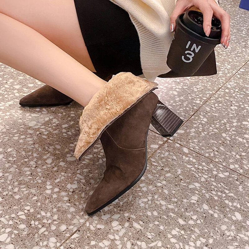 NEW Winter Women Boots Sheep Suede Leather Shoes for Women Pointed Toe Chunky Heel Shoes Warm Wool Snow Boots Zip Modern Boots