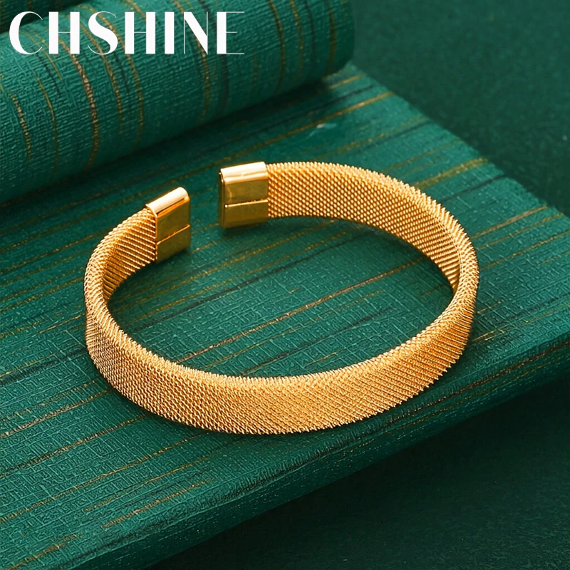 925 Sterling Silver 18K Gold Mesh Texture Open Bangle for Women Fashion Wedding Party Jewelry
