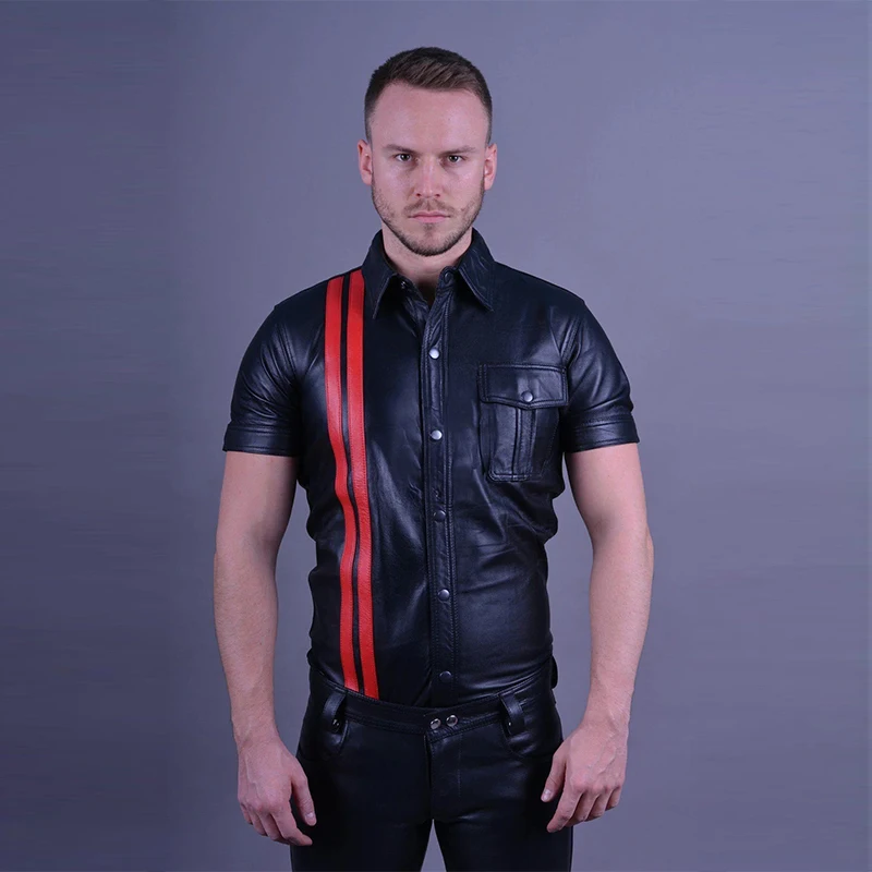 Men\'s Matte Leather Turn-down Collar Short Sleeve Jacket Shirt Male Striped Single Row Button PU Jacket Coat Top Clothing Custom