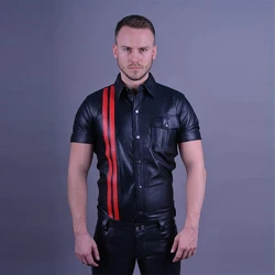 Men's Matte Leather Turn-down Collar Short Sleeve Jacket Shirt Male Striped Single Row Button PU Jacket Coat Top Clothing Custom