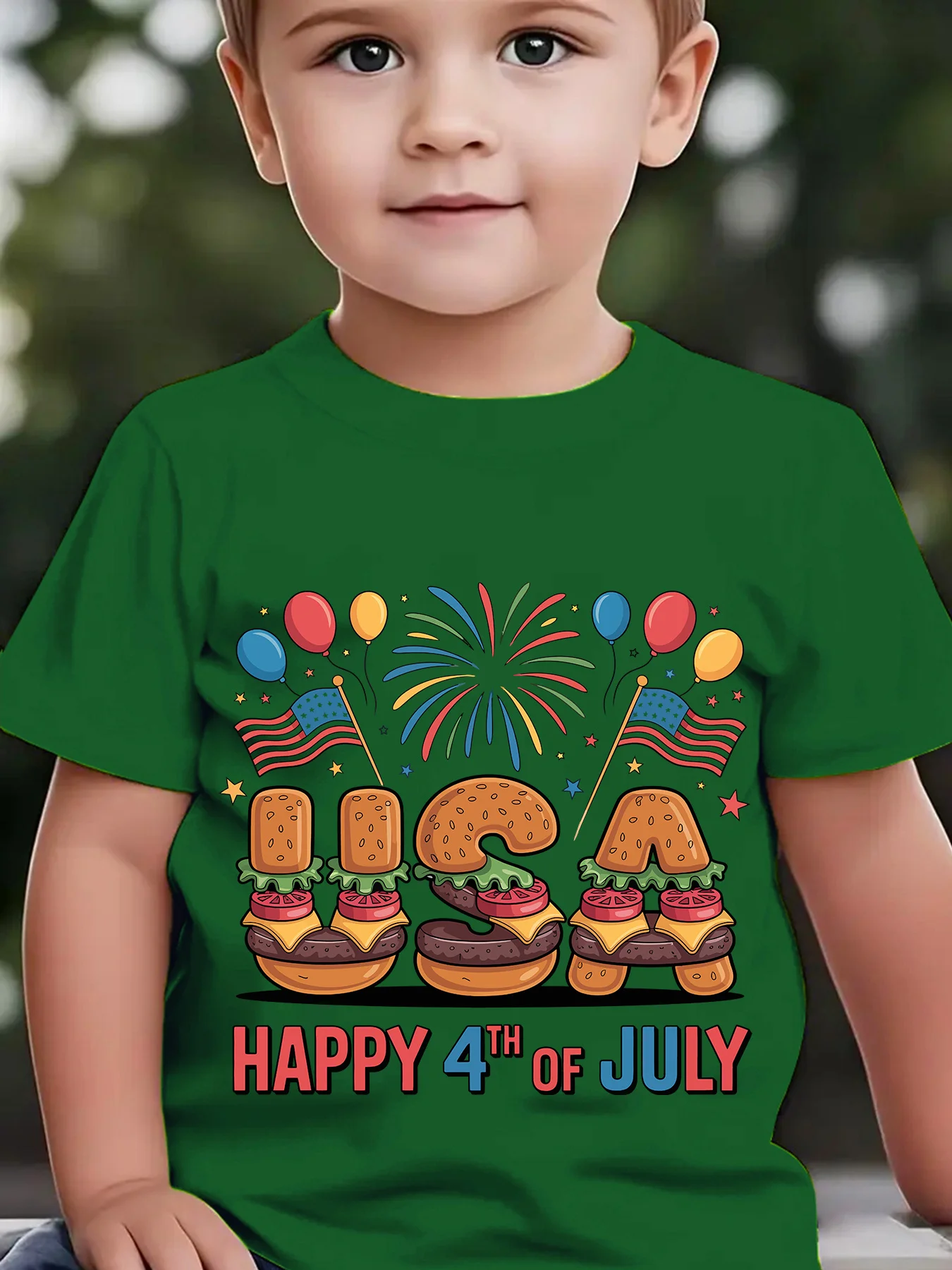 Children's Fashion Short Sleeve HAPPY 4TH OF JULY Cartoon Pattern Printed Casual Top for Independence Day in The United States
