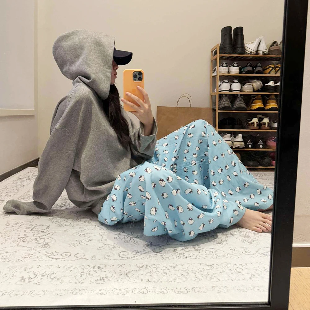 

Anime Hello Kitty Women Pajama Pants Sanrios Kawaii Home Pants Summer Long Pants New Japanese Style Girls Loose Large Size Pants