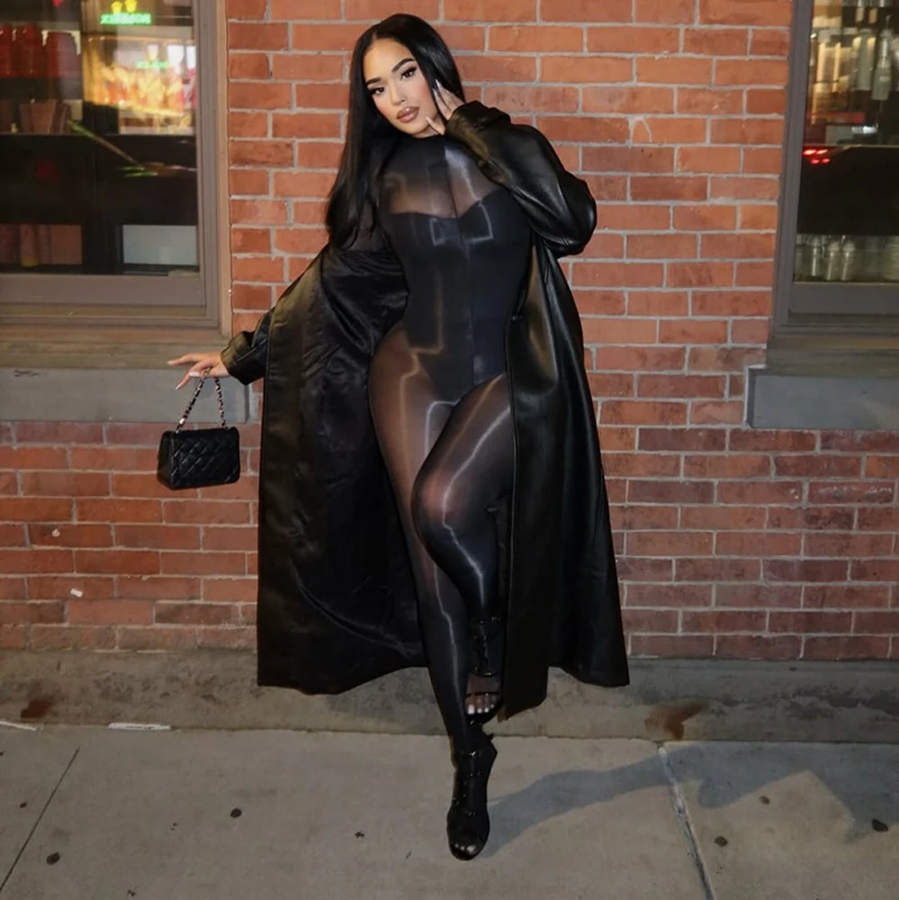 Sexy Quality Stretchy Gloss Jumpsuit Women Stocking Bodysuit Full See Through Long Sleeve Charming One Piece Suit Night Clubwear