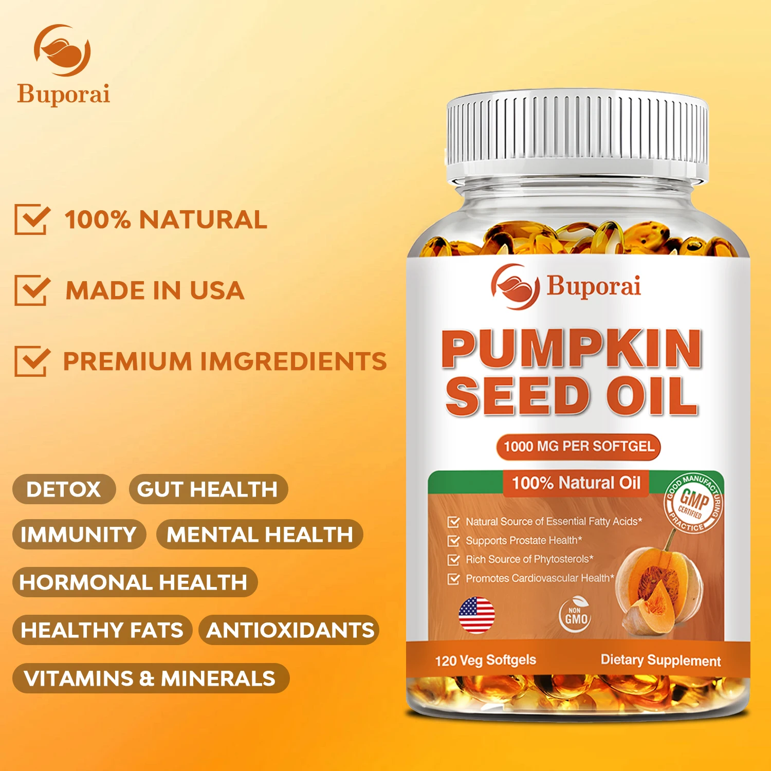 Pumpkin Seed Oil - Supports Prostate Health, Promotes Hair Growth, Antioxidant, Made in The USA