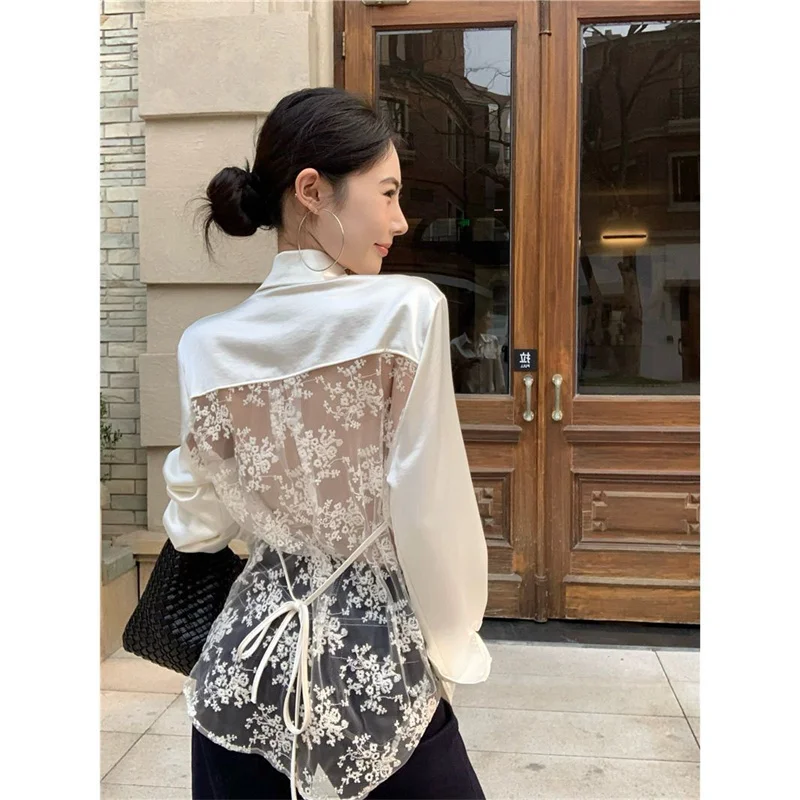 

Spring Summer Shirts Women 2025 New Shirt Back Hollow Satin Design Top Women's Satin Cardigan Fashion Single-breasted Blouse