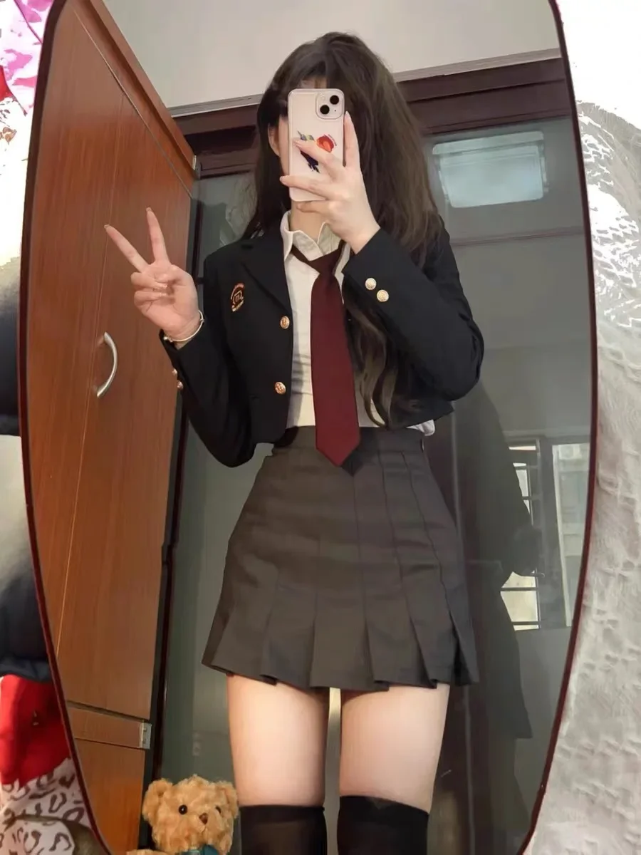 Daily Korean JK Uniform Set College Style Girls Short Suit Blazer Navy Coat Wrap Hip Skirt Tie Shirt Hot Girl Set Spring Autumn