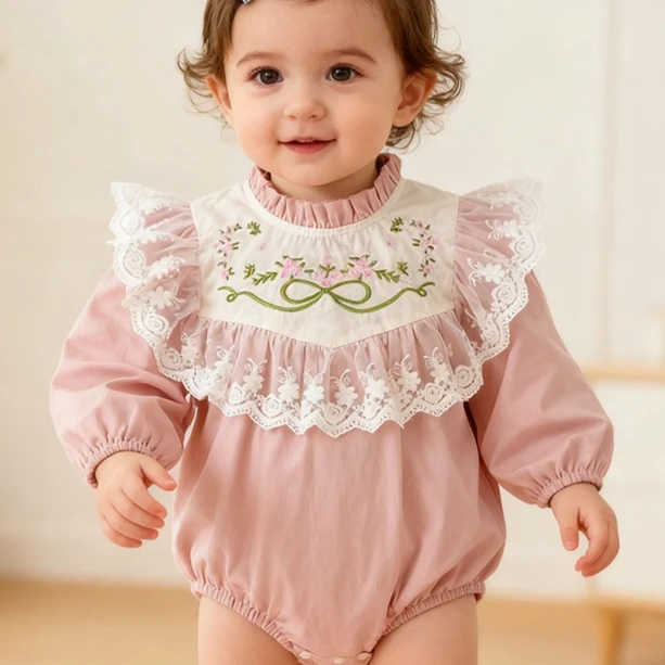 

Girls Onepiece 2025 Spring and Autumn New Childrens Clothing Girl Baby Sweet Lovely Lace Embroidery Long-sleeved Onepiece
