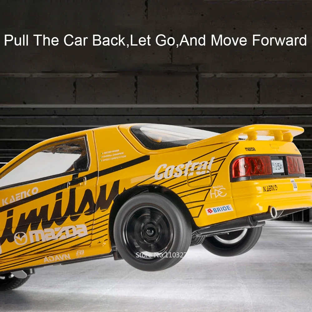 RX7-FC MX5 a escala 1:24, modelos de coches deportivos, juguetes, vehículos de aleación fundida, puertas, sonido abierto, luz, modelos de tirar hacia atrás, regalos de Festival para niños