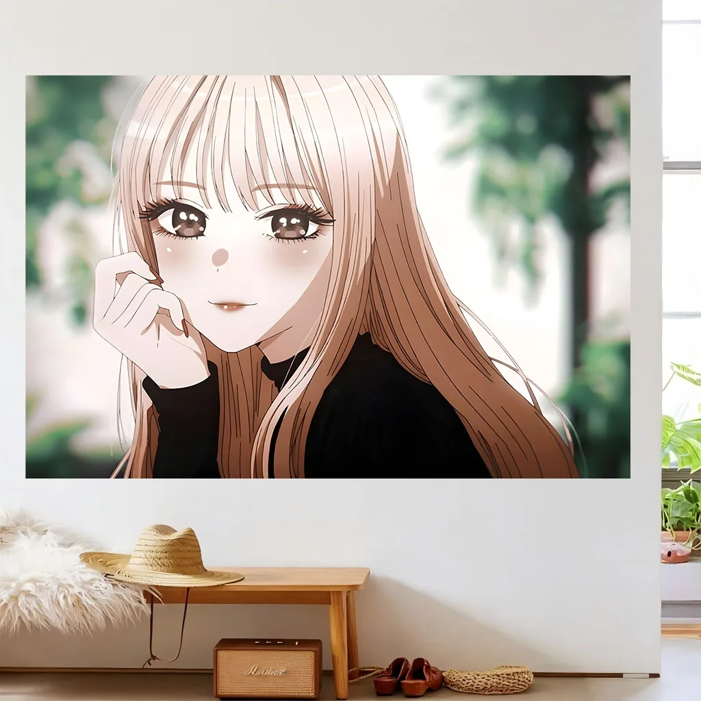 Korean Manhwa Anime Girl Tapestry Long Blonde Hair Big Sparkly Eyes Sweet Gentle Portrait Wall Hanging Dorm Bedroom Wall Decor