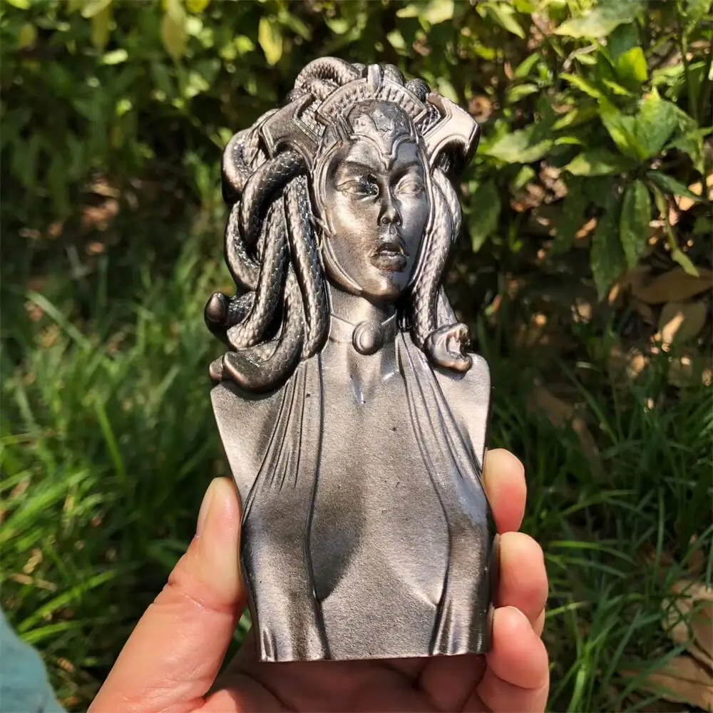 Natural Silver Obsidian Medusa Statue Carving Energy Healing Polished Mineral Home Decor Ornament Figurine for Stress Relief
