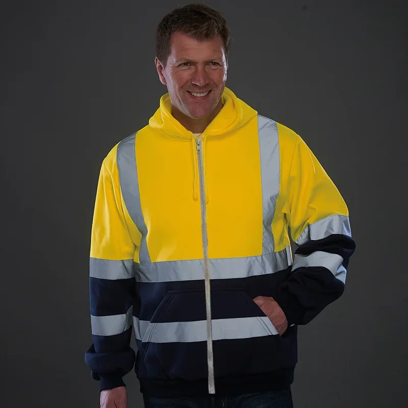 Reflective Strip Men Hoodie Coat Safe Warning Drawstring Zipper Long Sleeve Sanitation Overalls Outdoor Work Safety Jacket