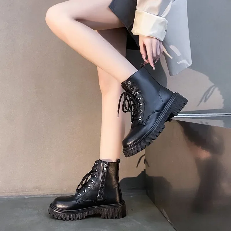 Ankle Boots Women Genuine Cow Leather Lace-Up Round Toe Lady Booties Autumn Winter Platform Sole Shoes Handmade