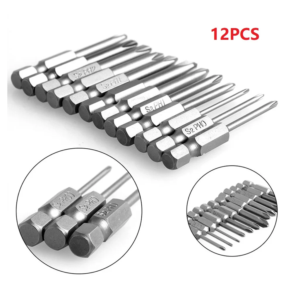 12Pcs Magnetic Screwdriver Bits 50mm Hex Shank Screw Driver Cross Head 1/4inch Electric Drill Bit Alloy Steel PH Screwdriver Bit