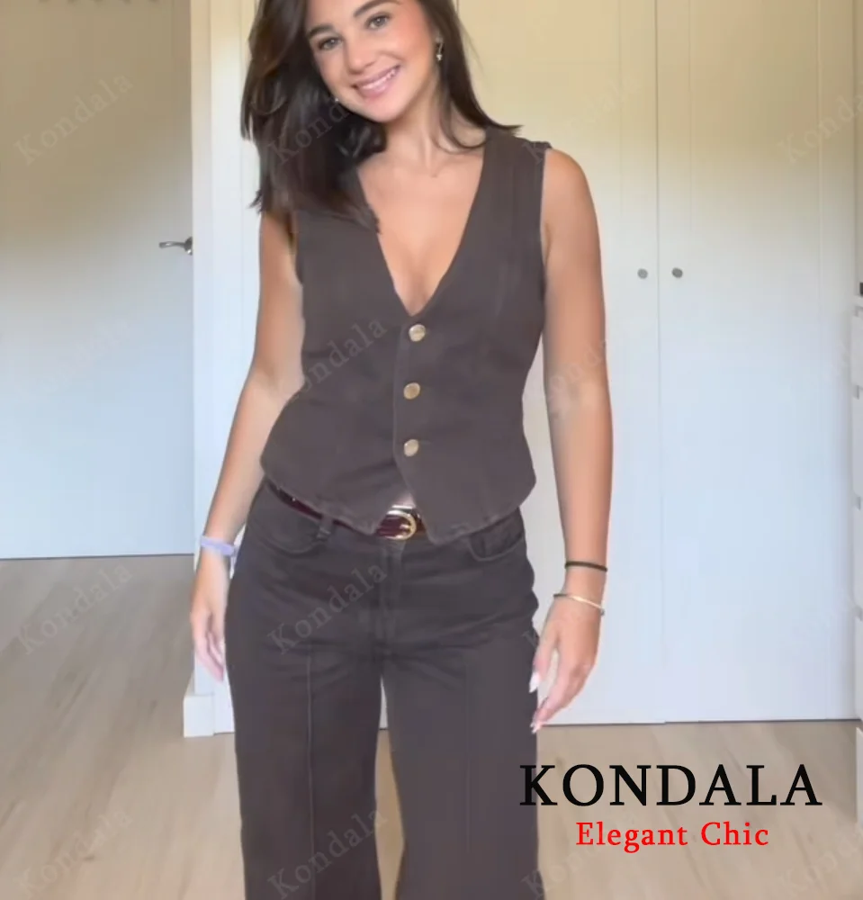 KONDALA Women Vintage Denim Set Buttons Vest or Belted Wide Leg Pant 2025 Spring Fall Fashion Mujer High Street Casual Pants Set