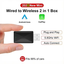 Flixivi CAR PLAY Carplay Android Auto 2in1 Wireless Carplay Adapter for OEM Car Stereo with USB Plug and Play Wired To Wireless