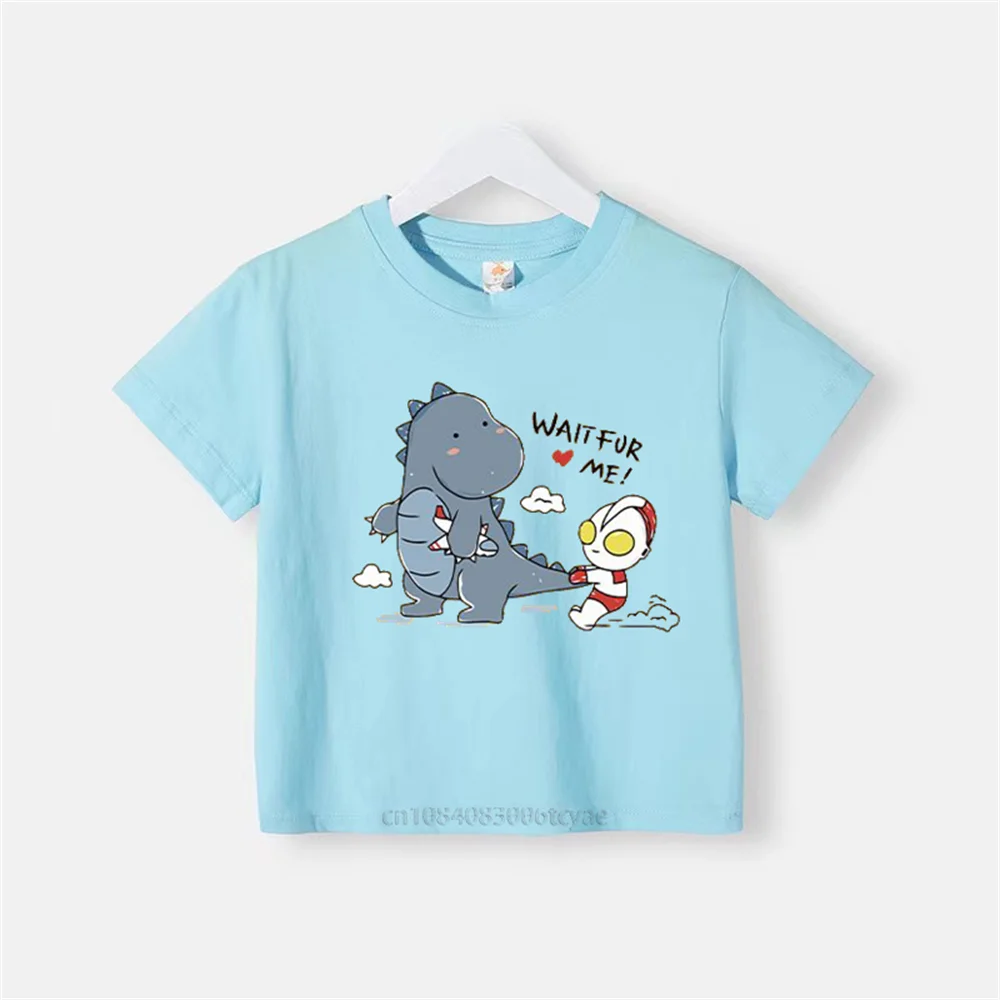 Summer boys cotton printed T-shirt cute baby girl round neck fashion short sleeve children\'s anime Ultraman fight monster top