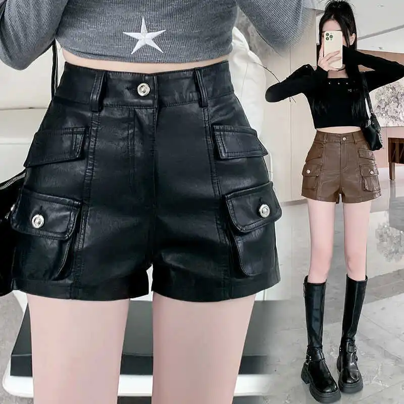 Fashion Sweet and Cool Women's Shorts High Waisted 2024 Autumn/Winter Black Multi Pocket PU Leather Temperament Shorts