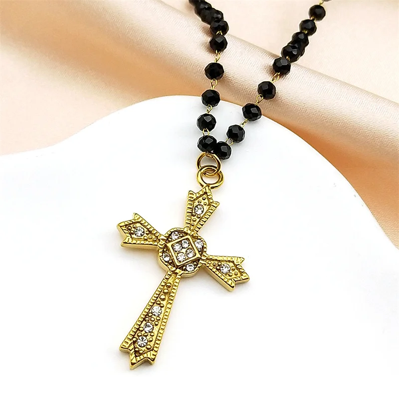 

Hiphop Fashion Cross Pendant Necklace For Women Men Stainless Steel Gold Color Rhinestone Female Charm Party Chain Jewelry