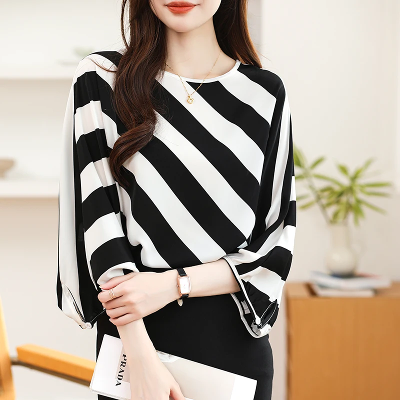 Women Summer Simplicity Striped Loose Office Lady Pullover O-neck 3/4 Sleeve Shirts Women Clothes Casual All-match Elegant Tops