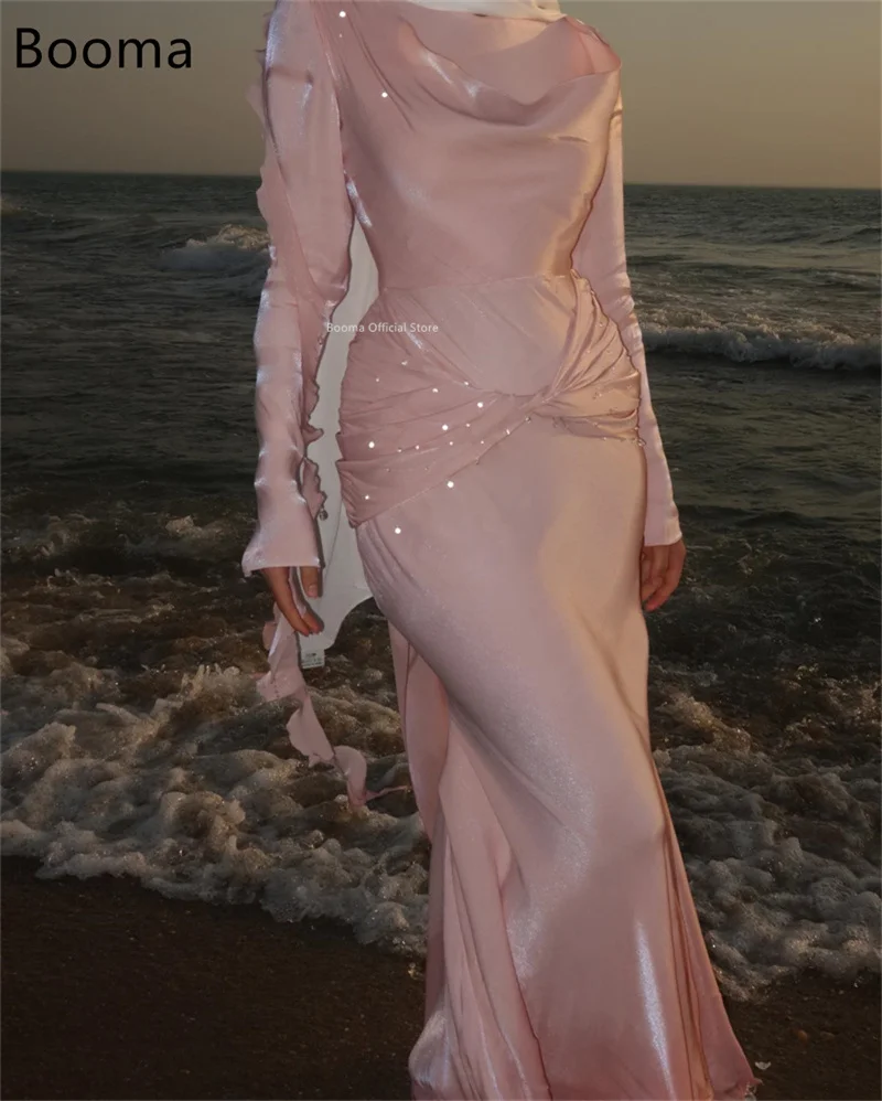 

Booma Shiny Mermaid Evening Dresses Formal Party Gowns for Women Pleat Full-Sleevele فساتين سهرة Prom Gown Customize