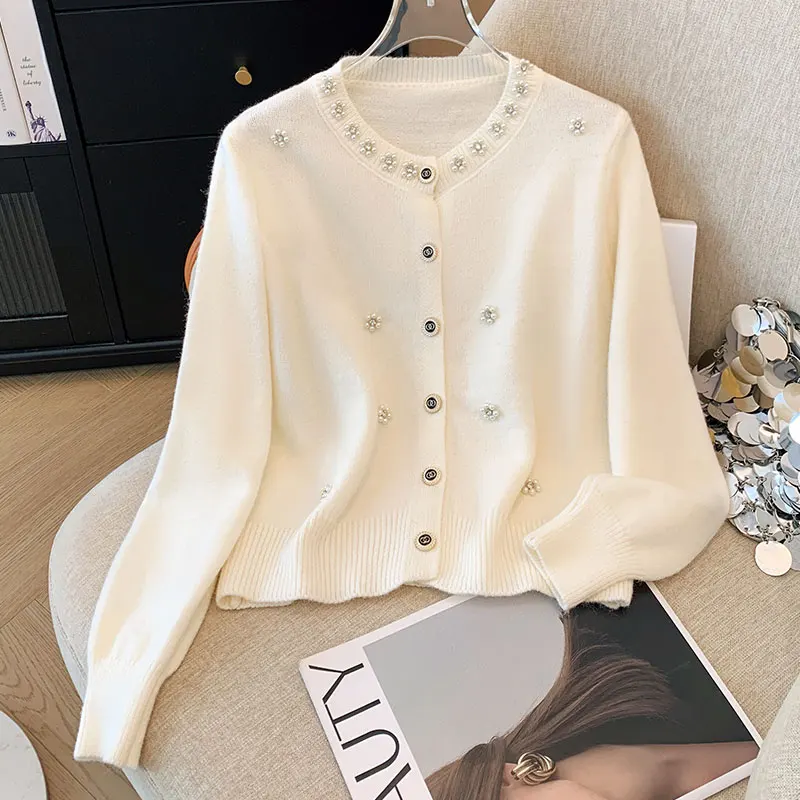 Pearl Beaded Knitted Cardigan Sweater Women 2024 Autumn Elegant Fashion Long Sleeve Single-breasted Knitwear Tops Ladies Jumpers