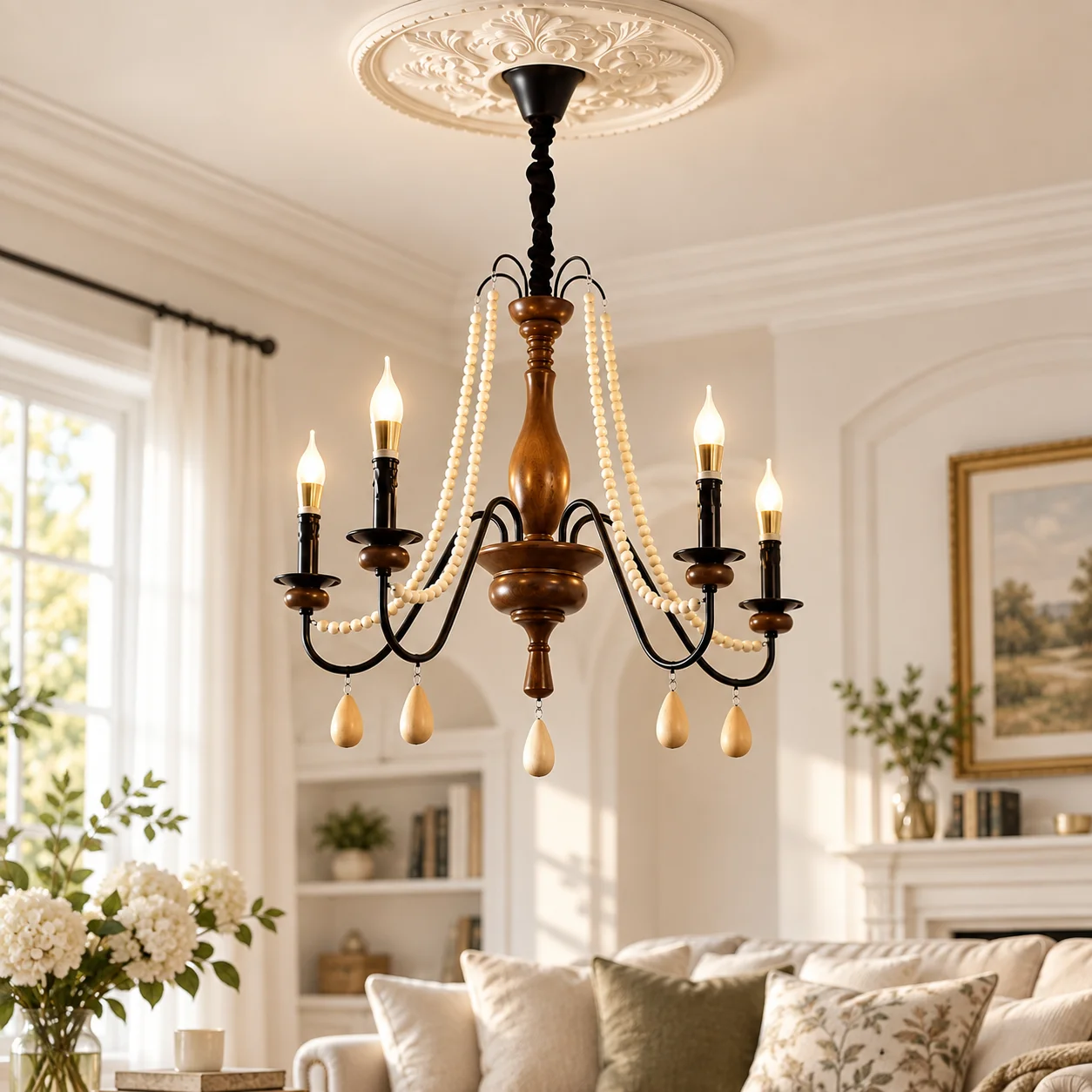 Rustic Wagon Wheel Chandelier, Vintage Wood Iron Candle Pendant Light for Farmhouse Bedroom