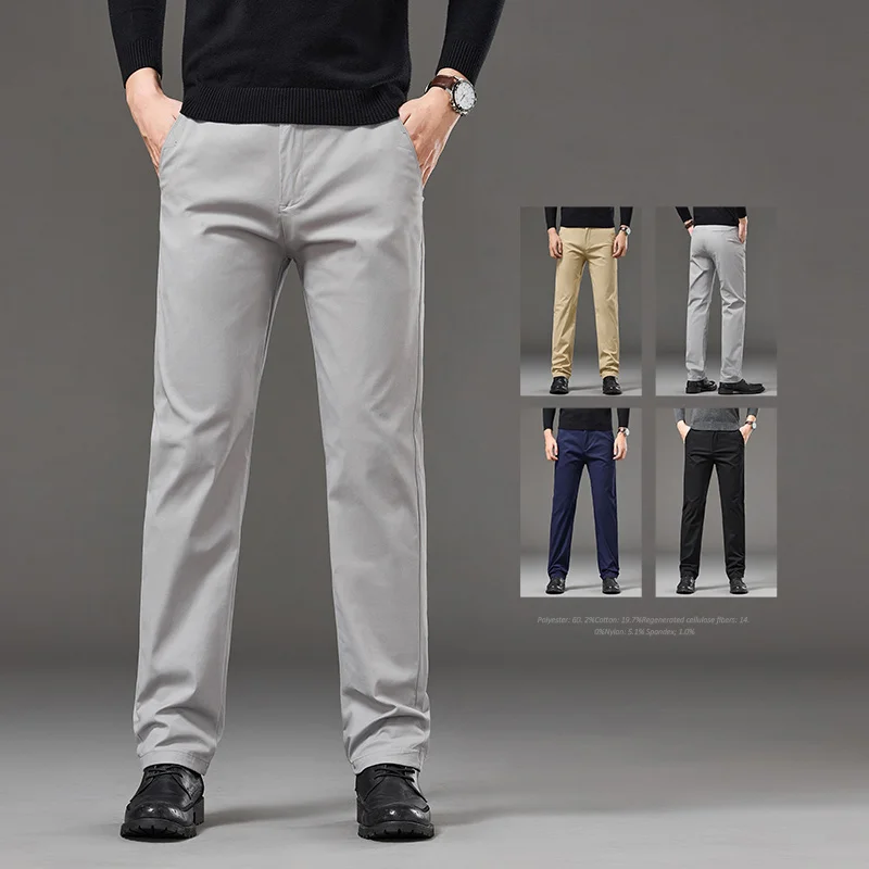 

Autumn Winter Classic Casual Pants Men Business Straight Work Khaki Light Gray Formal Suit Solid Color Long Trousers Male