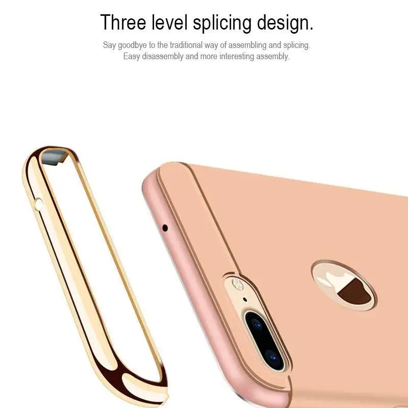 Capa para iPhone 8 Plus, 3 em 1, luxuosa, dourada, rígida, cobertura traseira, caixa removível para telefone