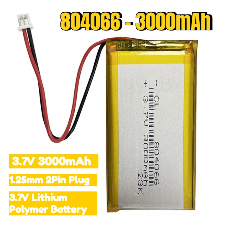 NEW 804066 Polymer Lithium Battery 3.7V 3000mAh Li-Polymer Rechargeable Batteries 1.25mm 2Pin Plug for Smart Wear Walkie Talkie