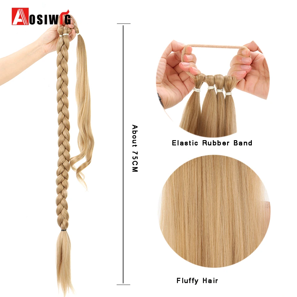 AOSIWIG Synthetic Long Braided Ponytail Hairpieces with Elastic Rubber Band Heat-resistant DIY Ponytail Extensions for Women