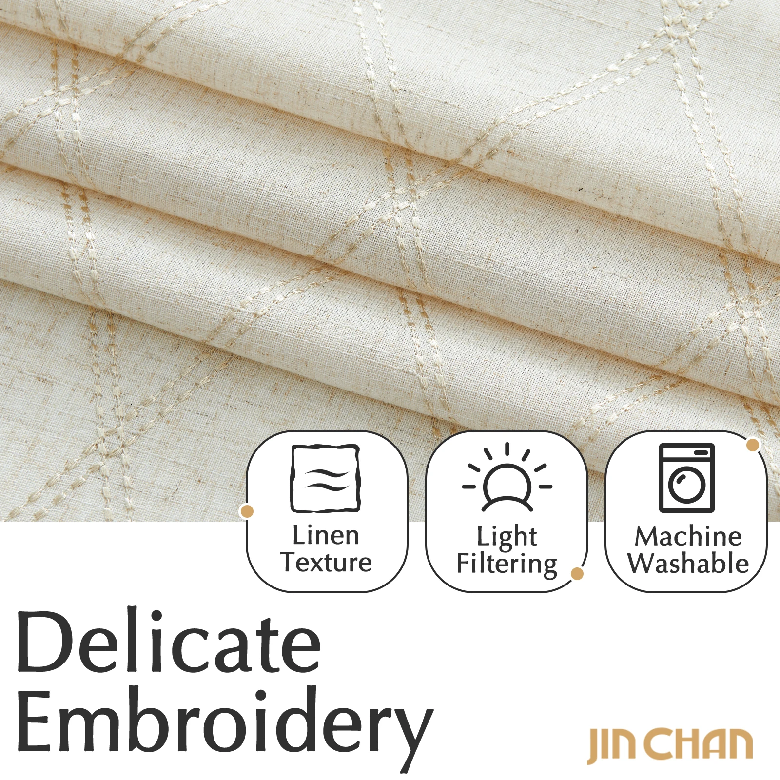 Modern Geometric Diamond Embroidered Linen Texture Window Curtains Light Filtering Drapes Pair for Living Room Bedroom