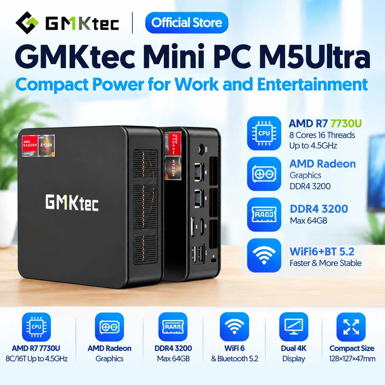 GMKtec 미니 PC M5 울트라, AMD R7 7730U 8코어 12스레드, AMD 라데온, DDR4 3200, Windows 11 Pro, 데스크톱 컴퓨터