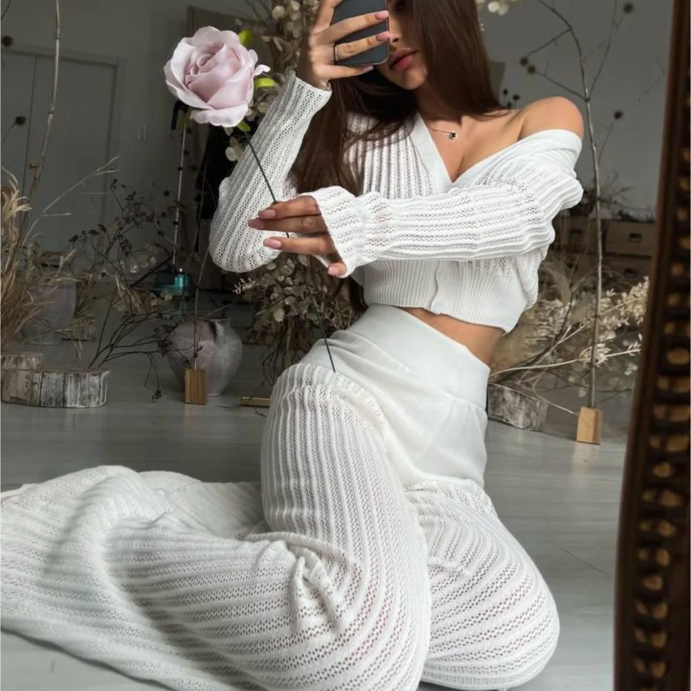 

2025 Cross-border New Knitted Suit Women's See-Through Casual Solid Color Hollow High Waist Pants Commuter Suit