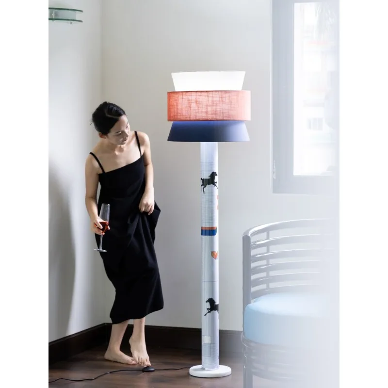 

Linen blue orange color matching floor lamp screen printing painting 3 color light study living room