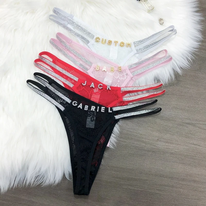 Custom Thong Name Crystal Letter Waist Chain G-string Lace Sexy Girl Bikini Panties Women\'s Underwear Girlfriend Holiday Gift