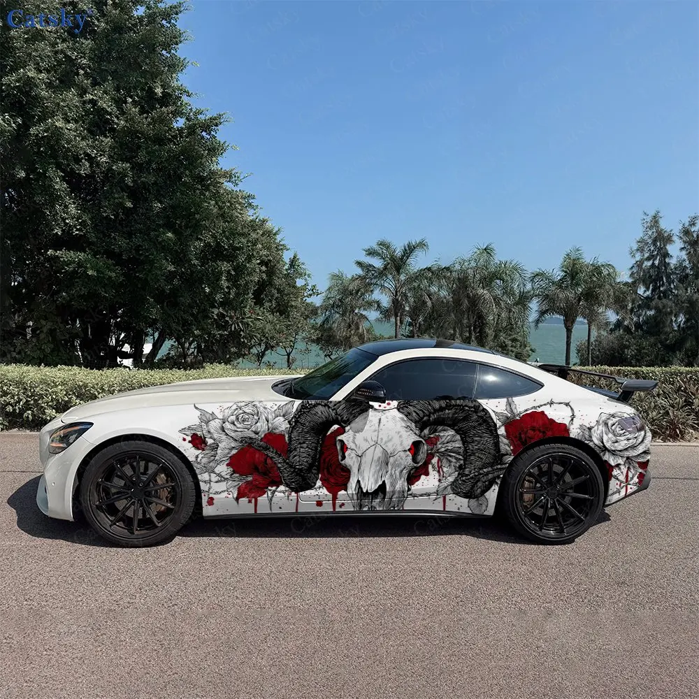 

2 шт. наклеек на боковые части автомобиля в готическом стиле с рогами, черепами и розами, самоклеящиеся, из ПВХ, водонепроницаемые и устойчивые к царапинам, аксессуар для автомобиля, подарок