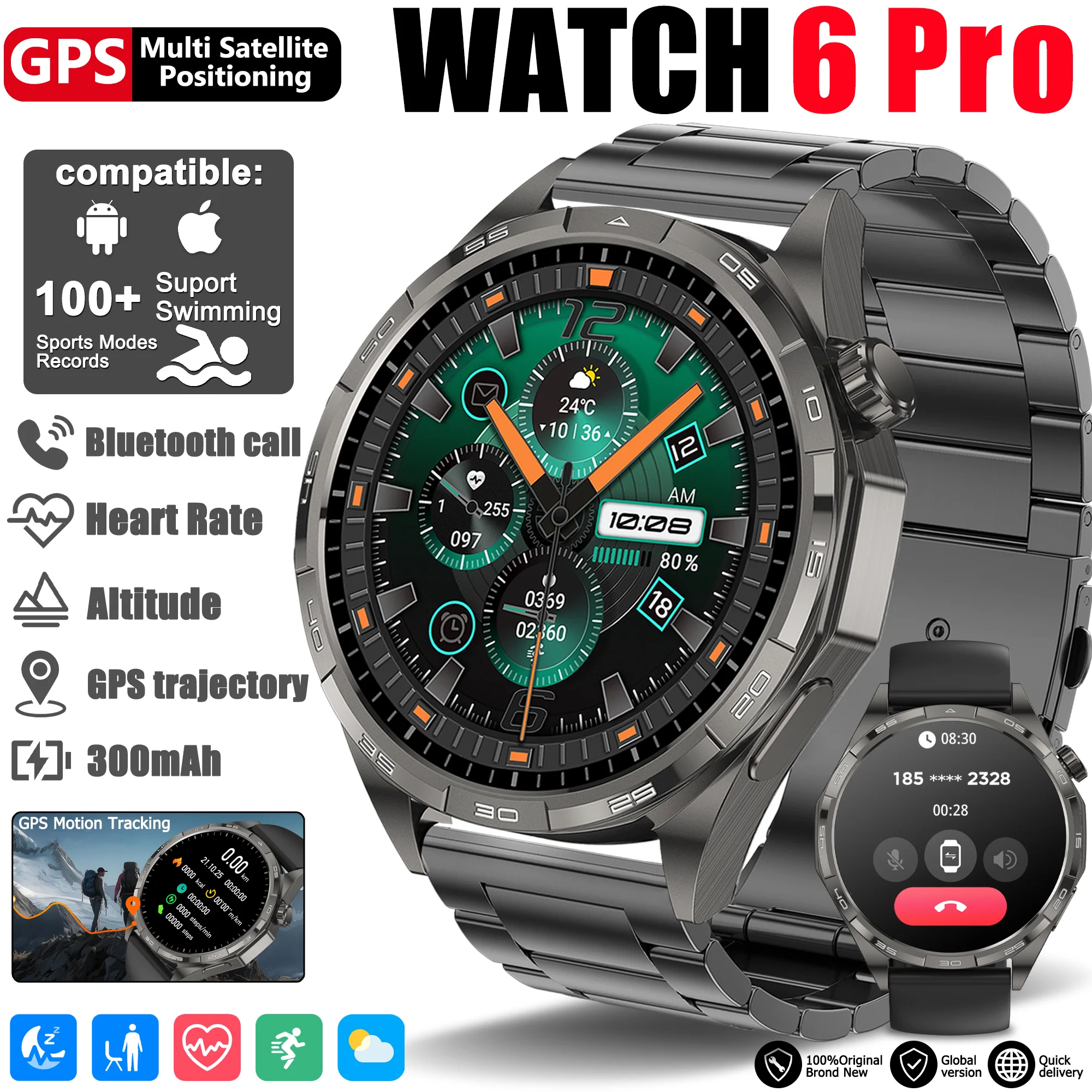 

2025 GPS Sports Smart Watch 6Pro Unisex with Heart Rate Bluetooth Call Function Smart Reminder Altitude & Air Pressure Tracking