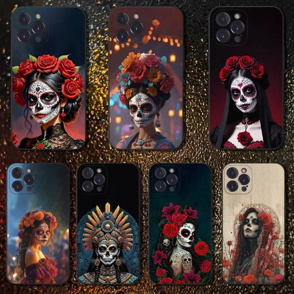 

Mexican Catrina Skull Phone Case For iPhone 16,15,14,13,12,11 Plus,Pro Max,XS,X,XR,SE,Mini,8,7,Soft Silicone Black Cover