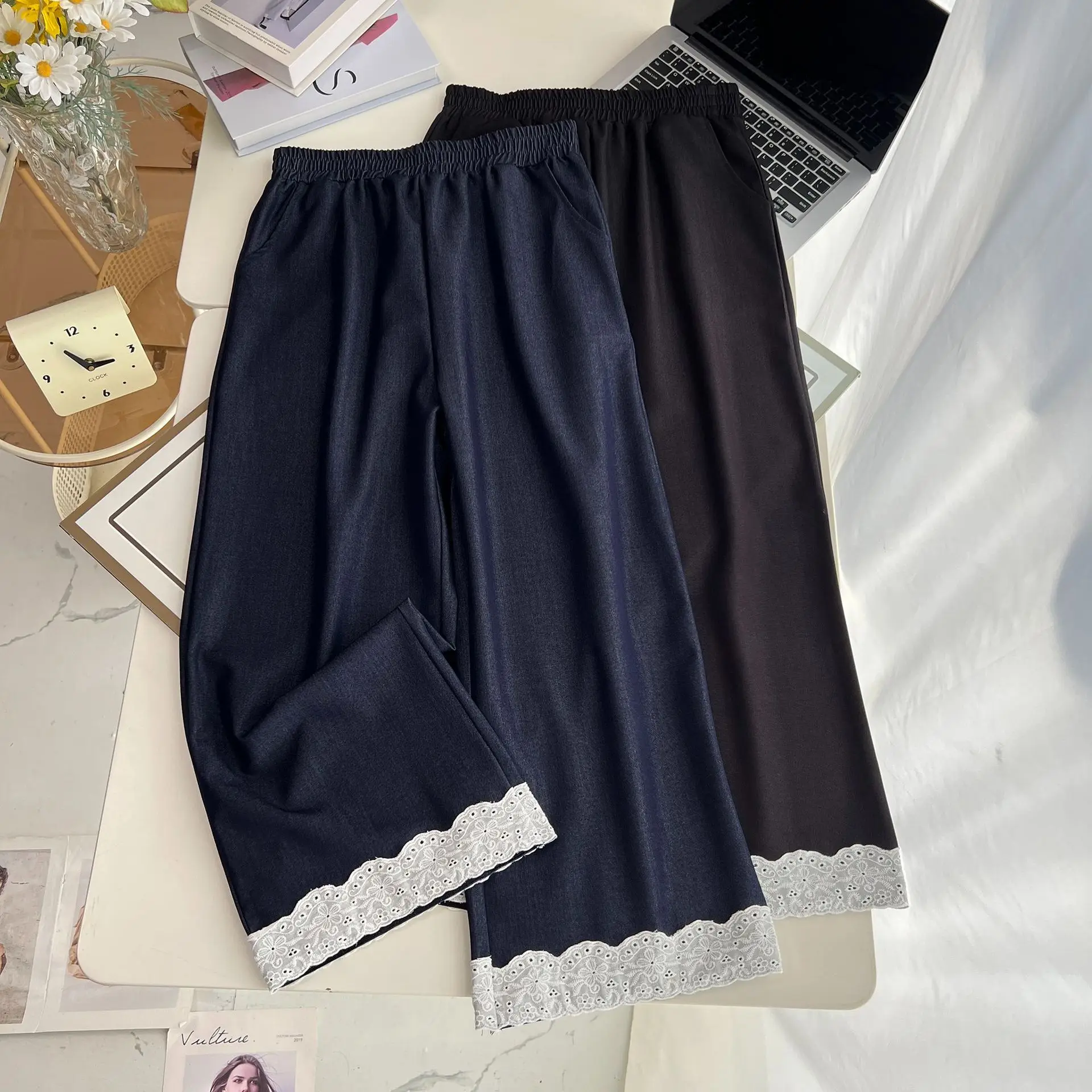 

New Autumn Style Of Lace Hem Lyocell Denim Straight Leg Pants Casual Fashion Plus Size Women's Jeans 8591